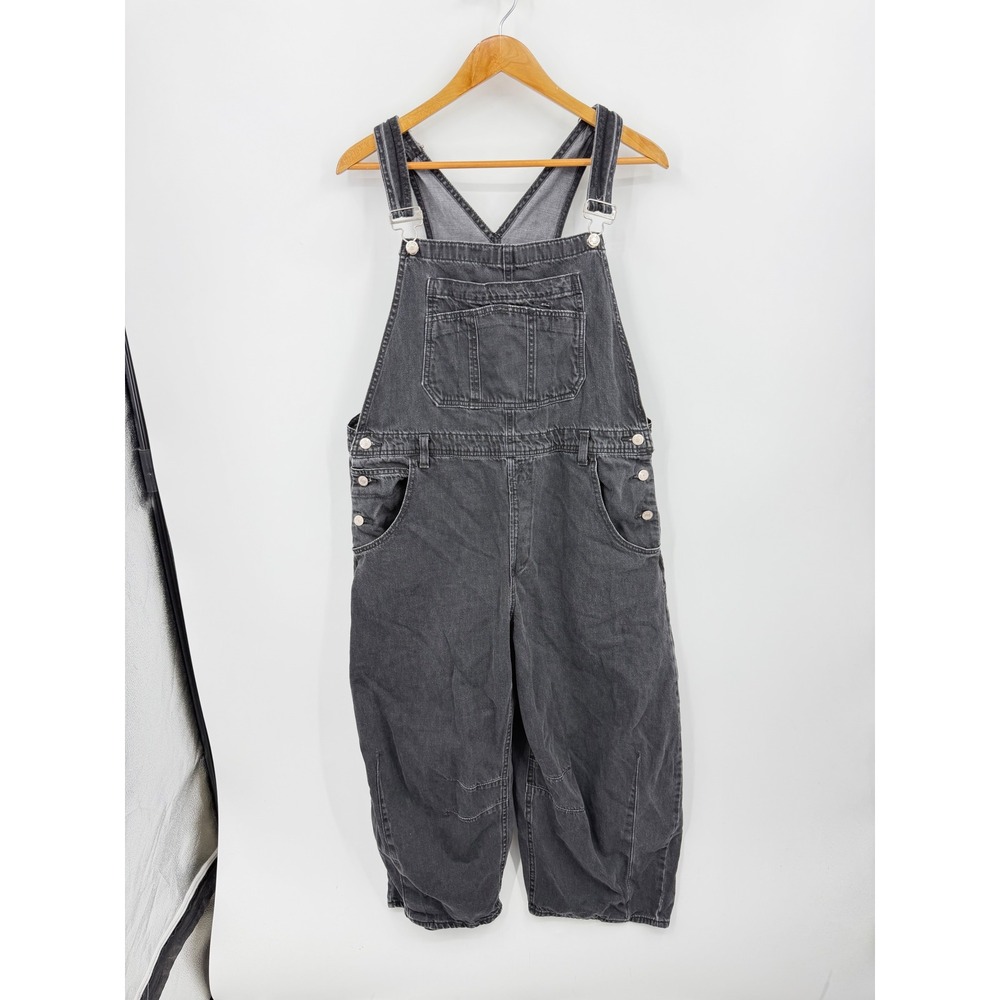 Gap barrel Denim Overalls Women L Petite Black Washed Cotton Bib 835223-00